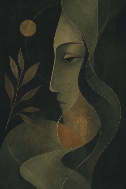 Abstract portrait: olive sage stillness, flowing contemplative lines