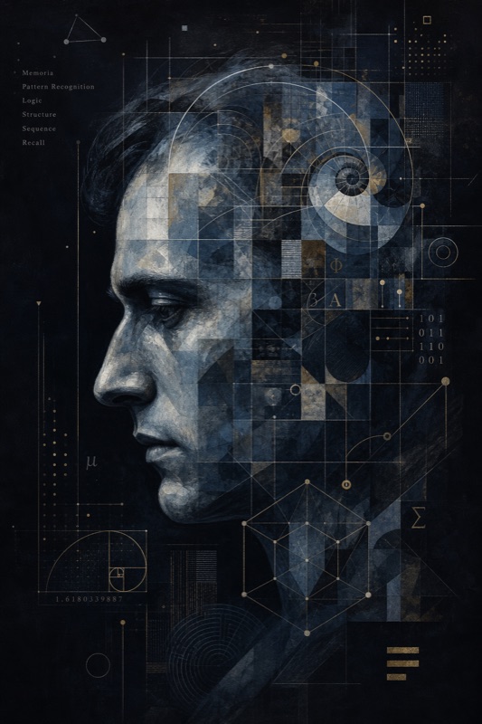 Abstract portrait: steel blue precision, structured geometric thought