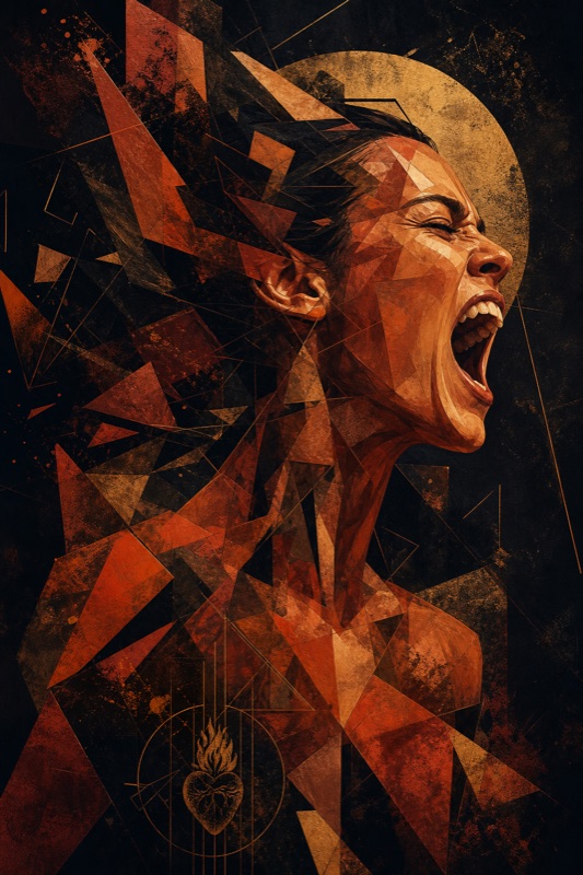Abstract portrait: warm terracotta energy, fragmented geometric intensity