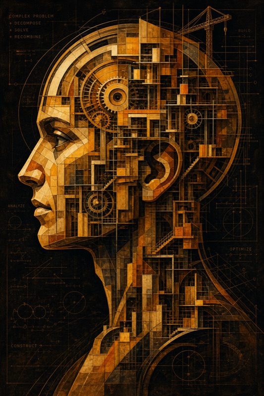 Abstract portrait: warm amber energy, interlocking mechanical patterns
