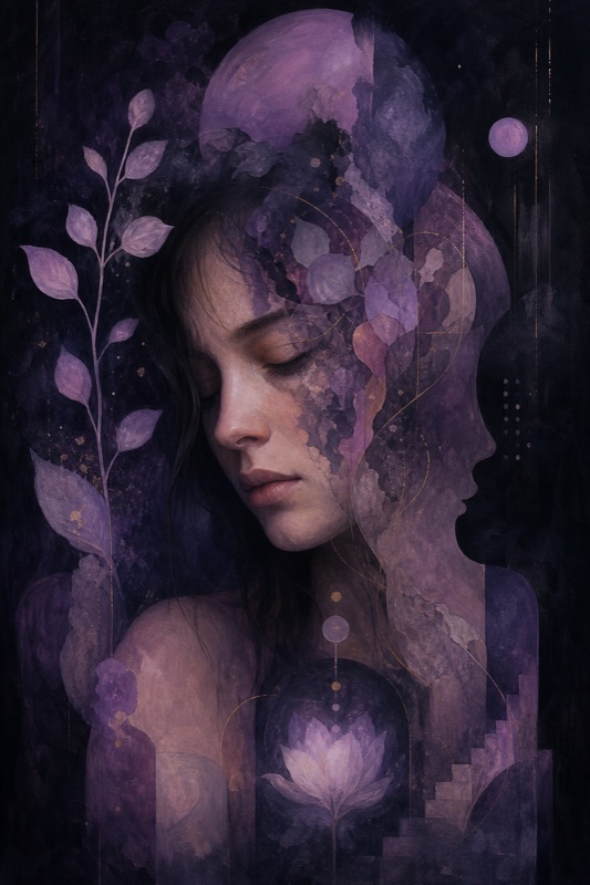 Abstract portrait: dusty violet depth, soft organic vulnerability