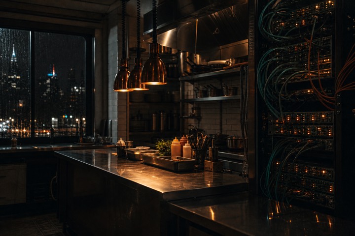 A dark restaurant kitchen merging with server racks and amber hardware lights