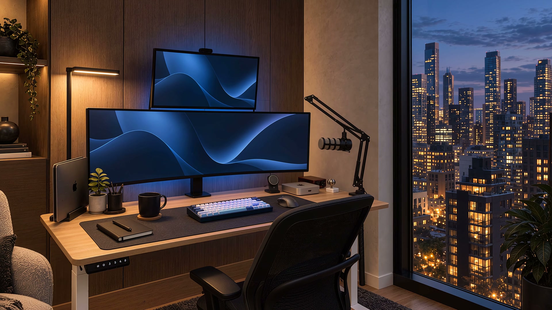 An oak desk with a curved ultrawide, a second display above, a Mac mini and an ocean-colored keyboard, beside a fictional evening skyline.